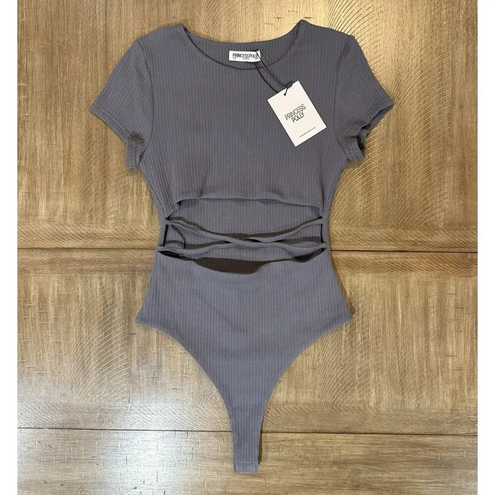 NWT PRINCESS POLLY Nicola Bodysuit Slate Gray Ribbed Criss Cross Thong Stretch 8 - Picture 15 of 16